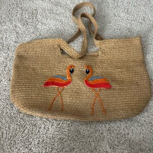 Embroidered Flamingo Jute Tote Bag